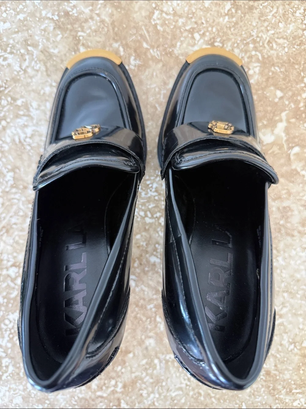 Karl Lagerfeld Paris Black Patent Loafer Pumps Gold Logo Lug Sole Platform Heels